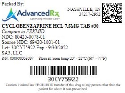 Cyclobenzaprine HCl 7.5mg Tab Qty 30 Ndc 80425 0078